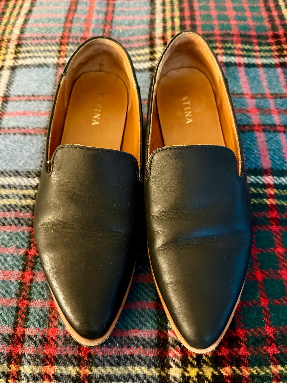 Size 7 Patina Black Leather Pointed Toe Slip On Flat